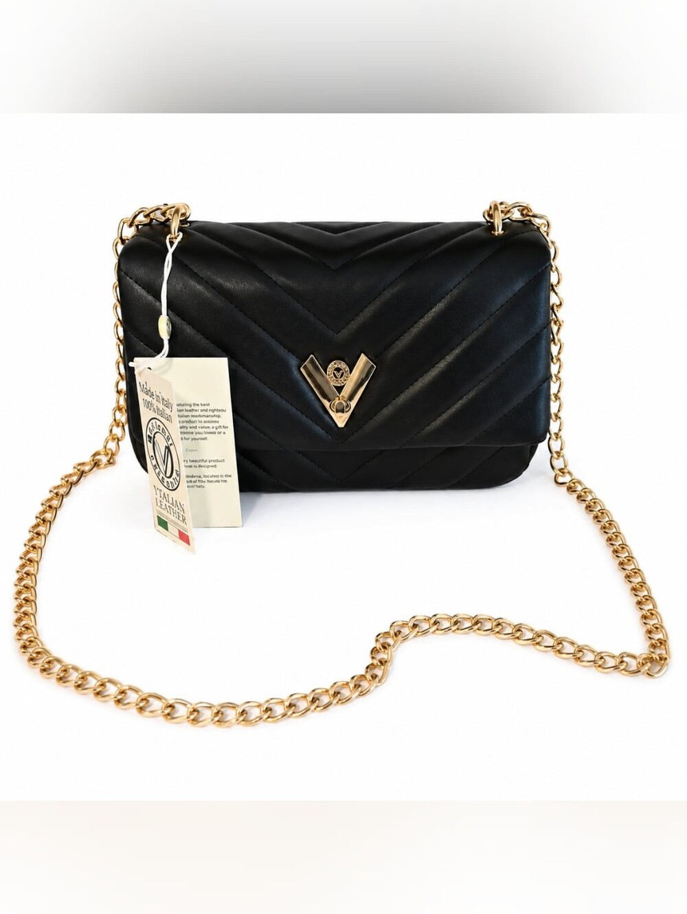 Valentino Orlandi Black Quilted Italian Leather Crossbody Bag Gold Chain NWT
